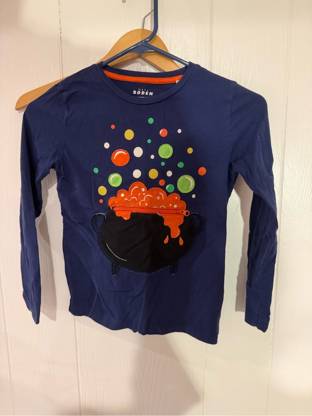Mini Boden Navy Long-Sleeve Cauldron Graphic Tee with Orange & Green Accents